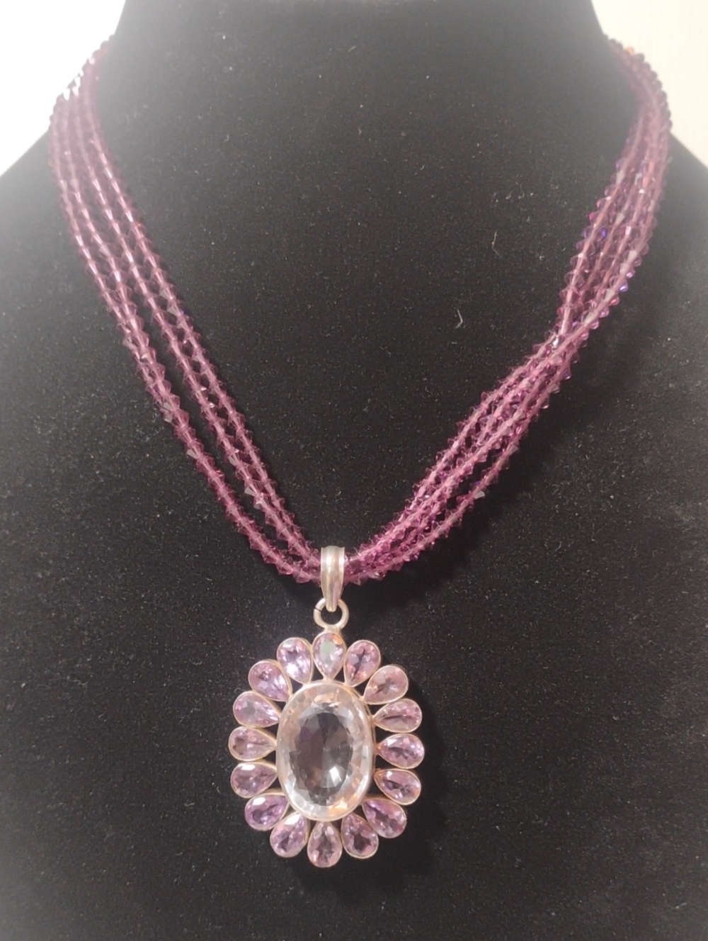 925 Vintage Pink & Clear Floral Crystal Floral Brooch In Purple Crystal Necklace